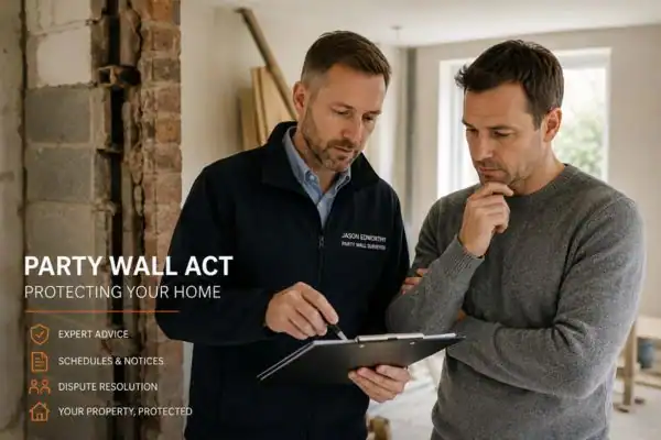 Party wall surveyor Redhill discussing extension plans with homeowner outside a UK semi-detached house.